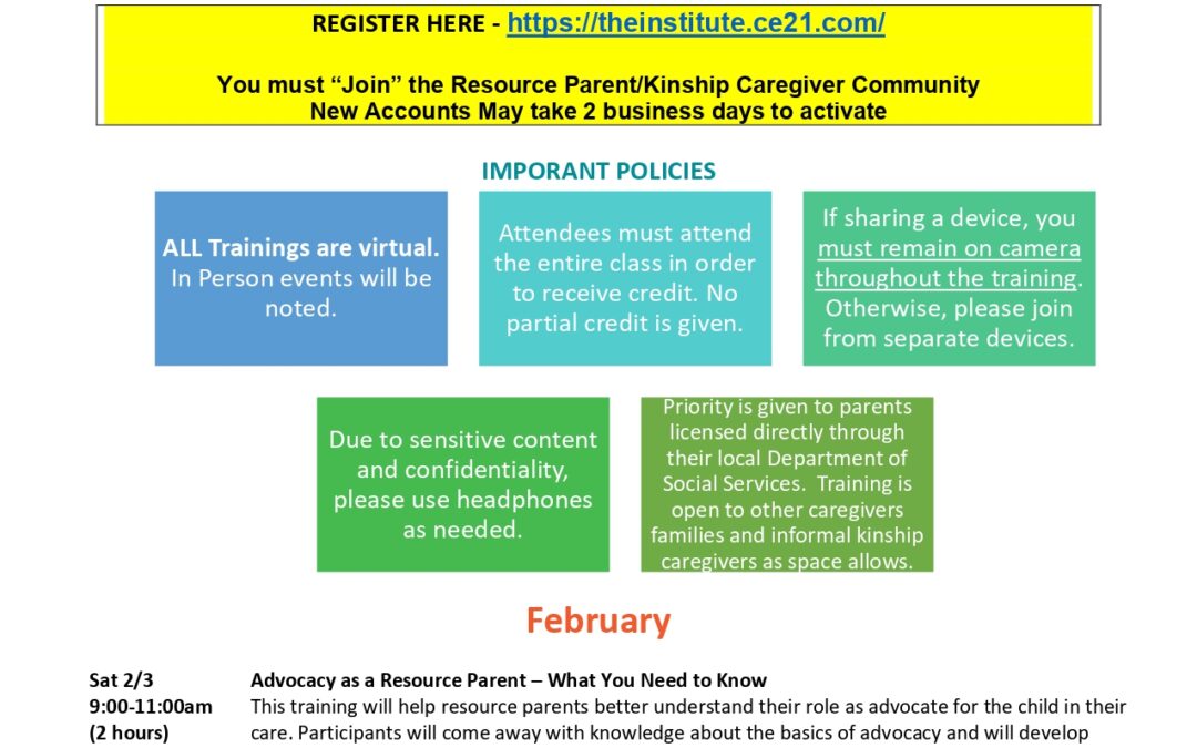 Child Welfare Academy Resource Parent Training Calendar Feb – June, 2024